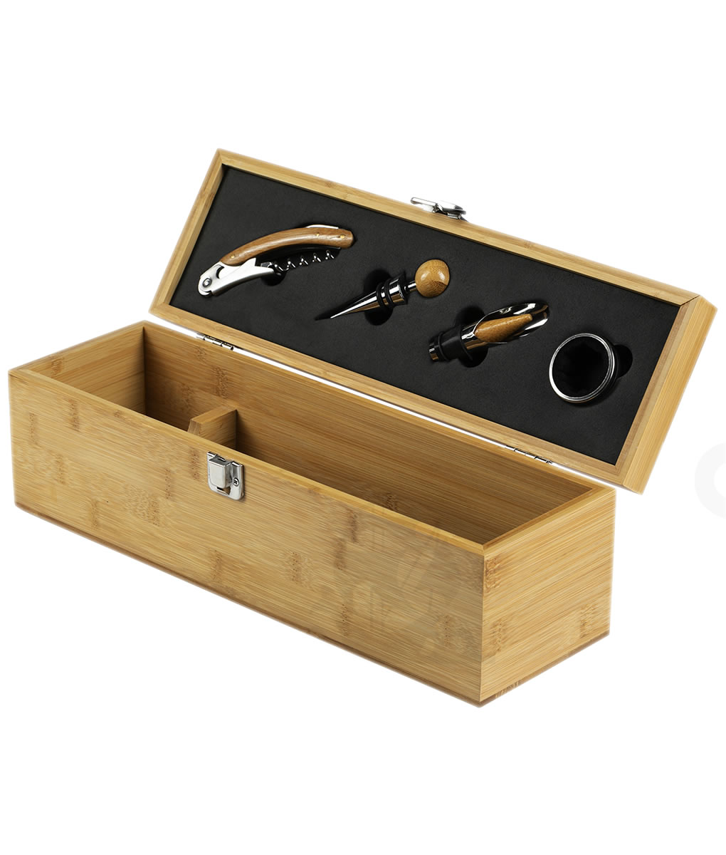 Caja de Madera para Vino con set de 4 Accesorios para Vinos